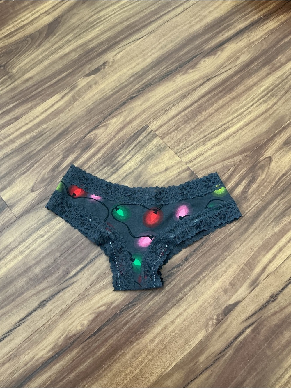 PINK Victoria's Secret Black Lace Hipster with Multicolor Light Bulb Print